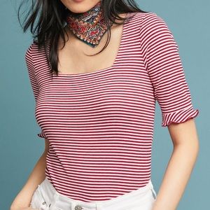 Anthropologie Red & White Striped Square-Neck Ribbed Top